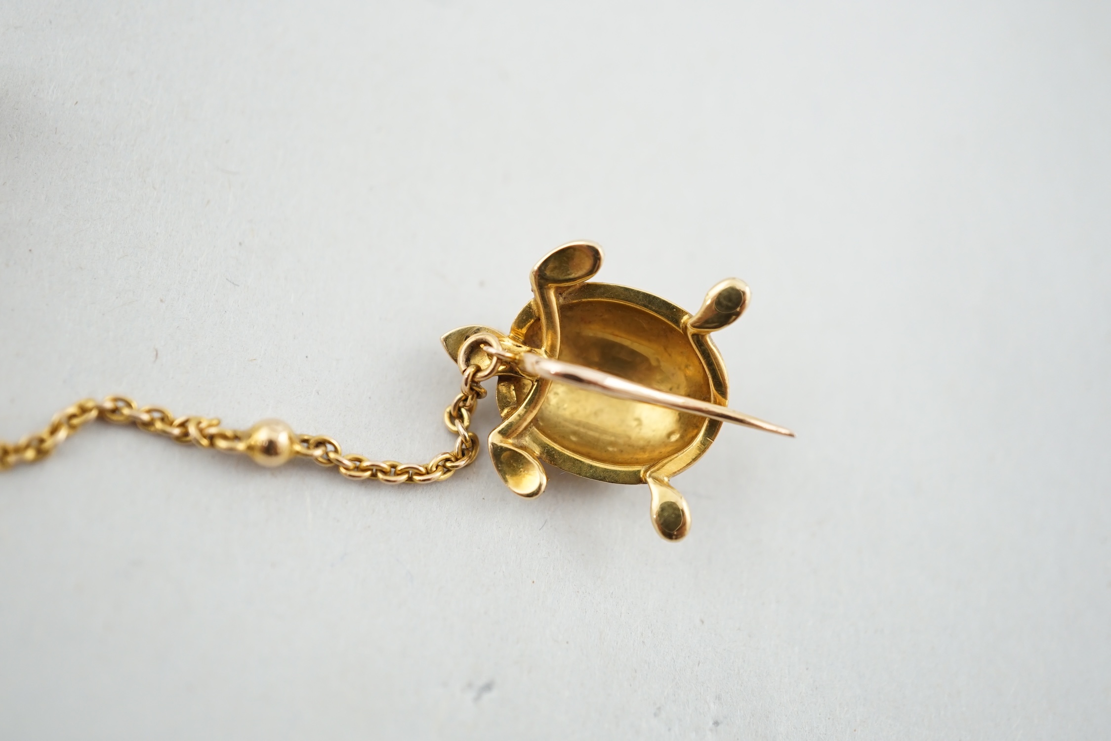 A late Victorian gold and seed pearl set brooch with suspension chain and clip, modelled as a spider with turtle